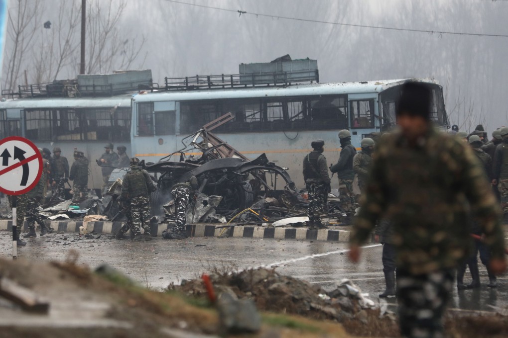 The site blast of the blast in Kashmir on February 14. Photo: EPA