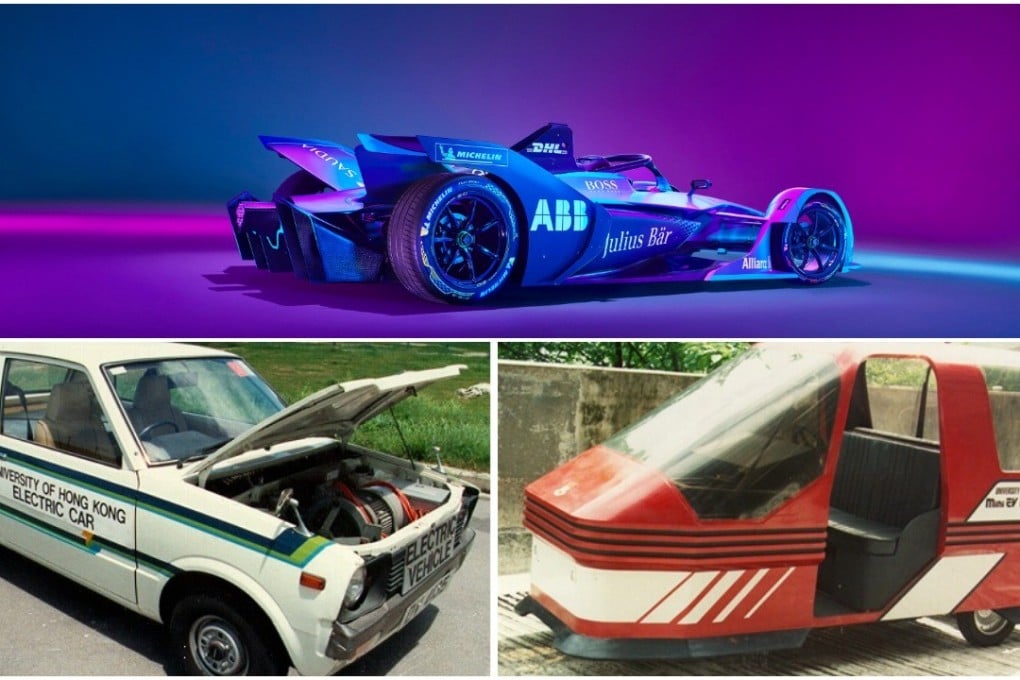 A comparison of the Formula E Gen2 car (top) to Hong Kong University's Mark1 (left) and Mark3 (right) electric vehicles of the 1980s.