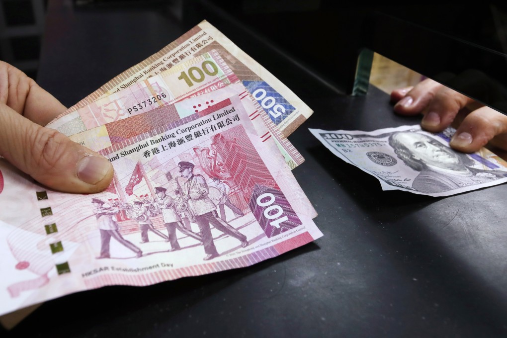 Money exchange of Hong Kong dollar to US dollar in Wan Chai, as of 9 March, 2018. Photo SCMP / Jonathan Wong