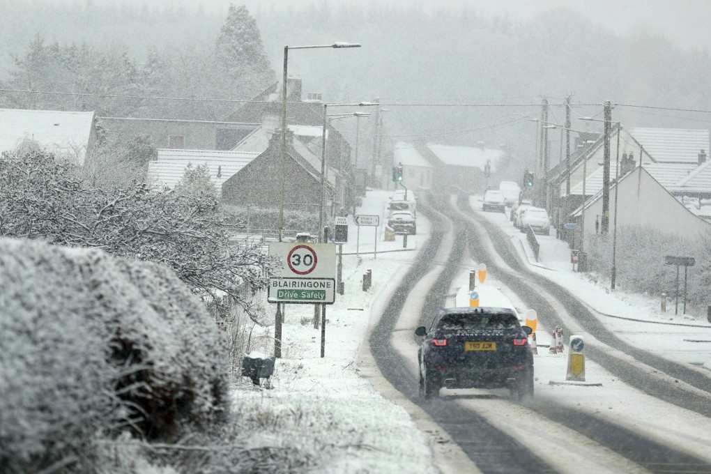 Snowy conditions in Blairingone, Scotland. Photo: AP