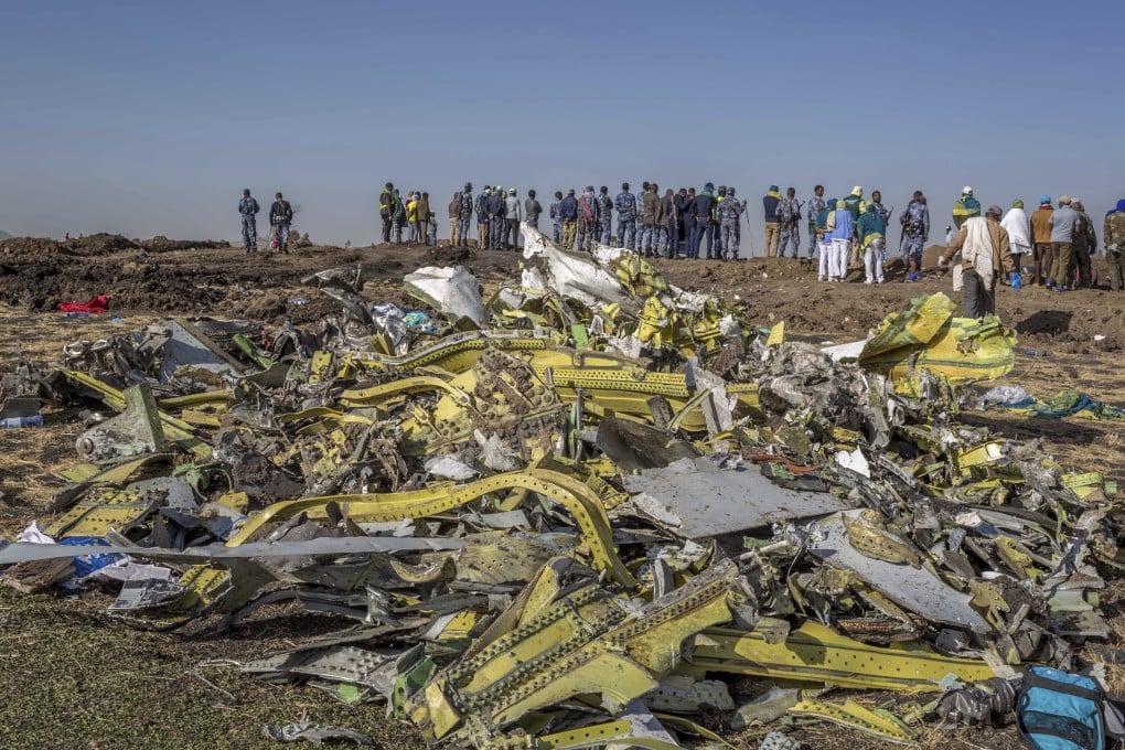 Wreckage is piled at the site where an Ethiopian Airlines flight crashed near Bishoftu, south of Addis Ababa in Ethiopia. Photo: AP