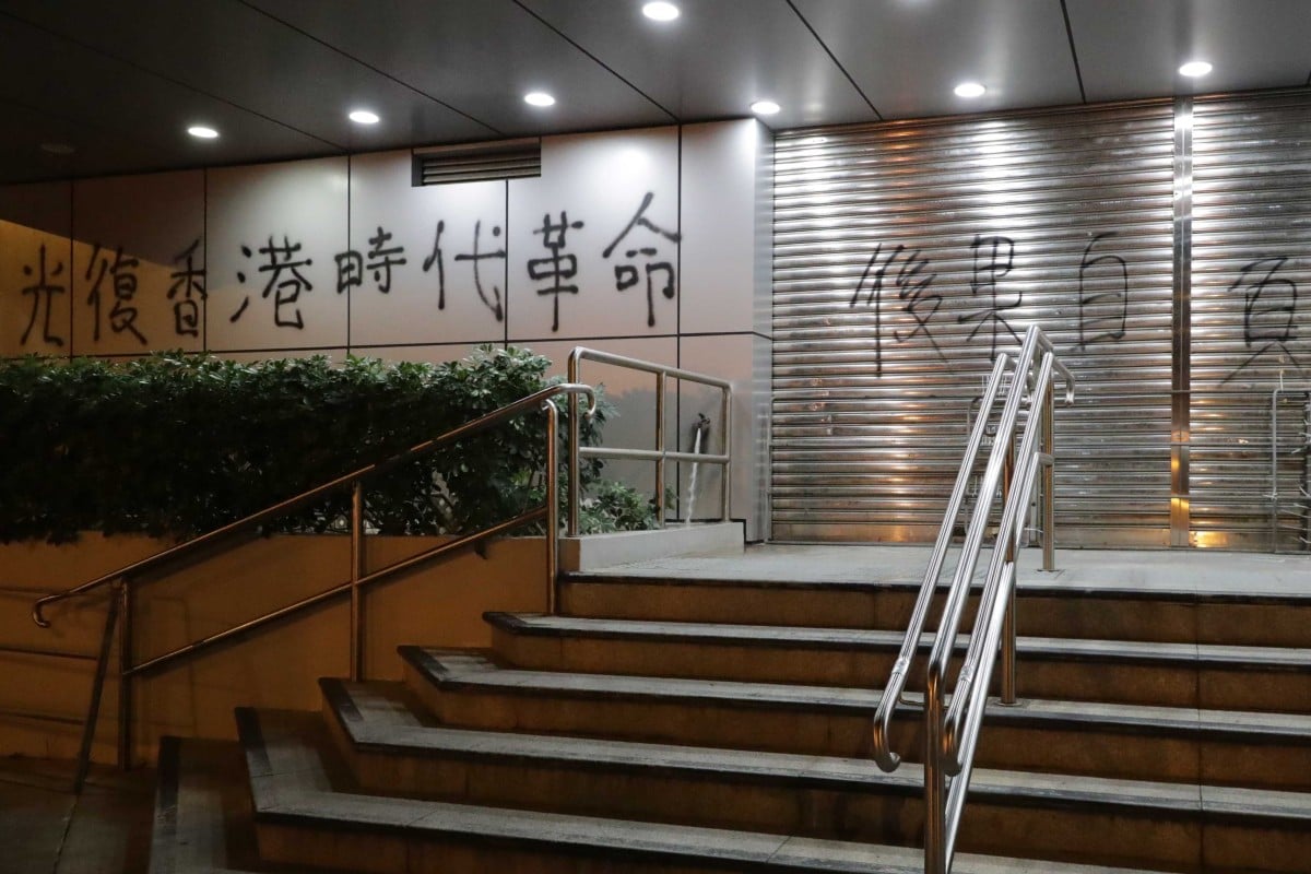 "Reclaim Hong Kong, revolution of our time": Graffiti adorns Ma On Shan Police Station. Photo: Edmond So