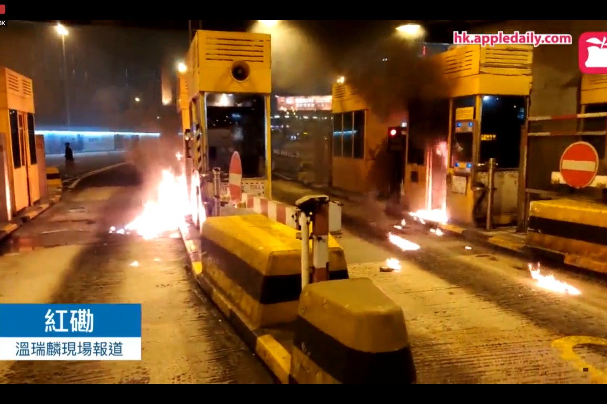 Petrol bombs were thrown into tollbooths of the Cross-Harbour Tunnel in Hung Hom. Photo: Handout