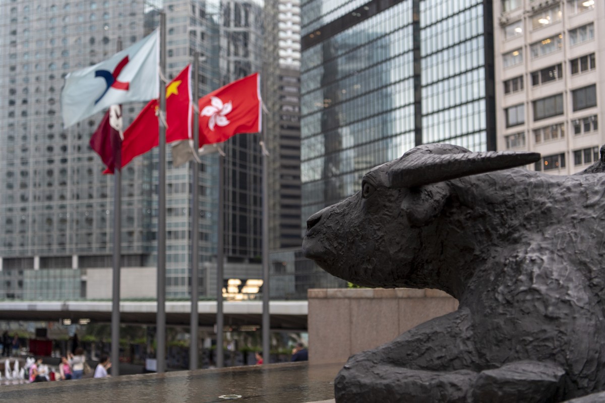 Bronze sculptures of bulls, the symbol of the Hong Kong stock exchange, at the Exchange Square in Central. Photo: Warton Li
