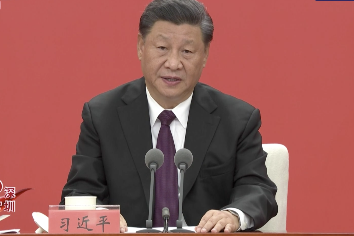 Chinese President Xi Jinping speaks at the Qianhai International Conference Centre in Shenzhen. Photo: CCTV