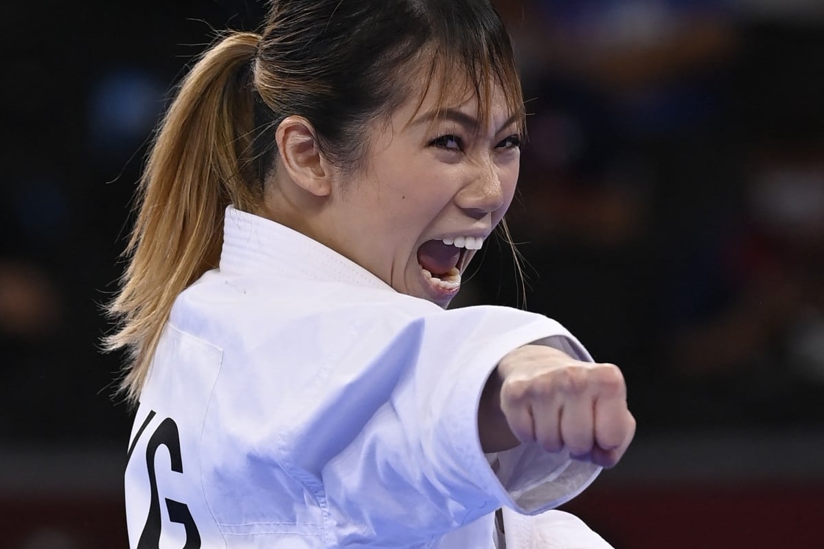 Hong Kong’s Grace Lau Mo-sheung performs in the women’s kata bronze medal bout. Photo: AFP
