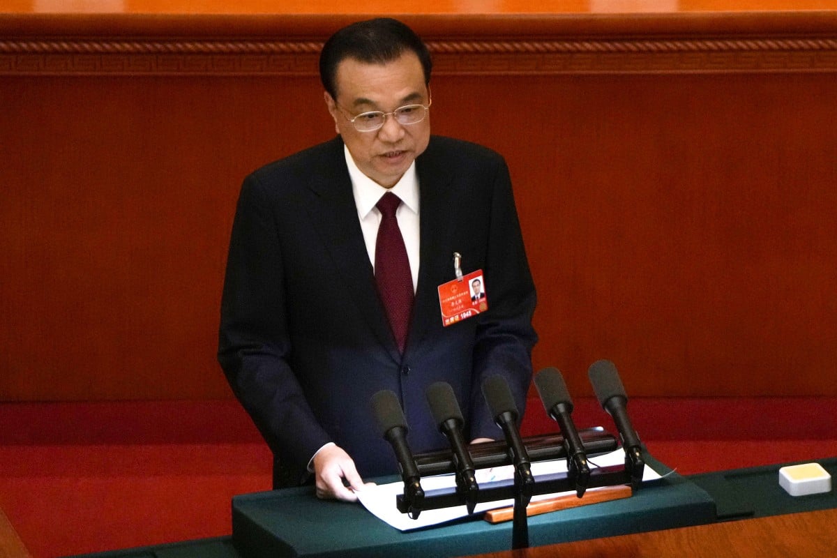 Chinese Premier Li Keqiang delivers the annual government work report at the National People’s Congress annual meeting in Beijing on Saturday. Photo: AP