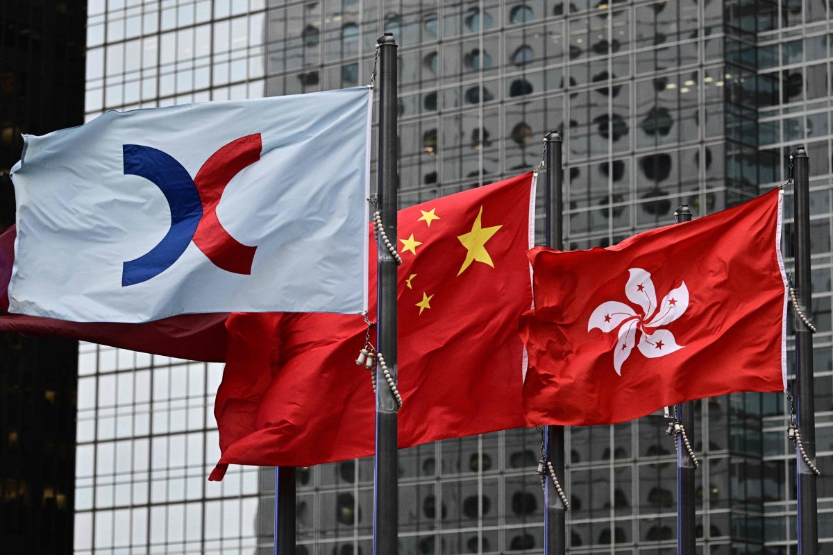 Flags of the Hong Kong Stock Exchange, China and Hong Kong. Photo: AFP