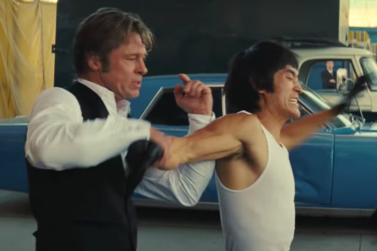 Brad Pitt, as fictional character Cliff Booth, and Mike Moh as Bruce Lee in their fight scene in “Once Upon a Time in Hollywood”. Photo: Sony Pictures Entertainment