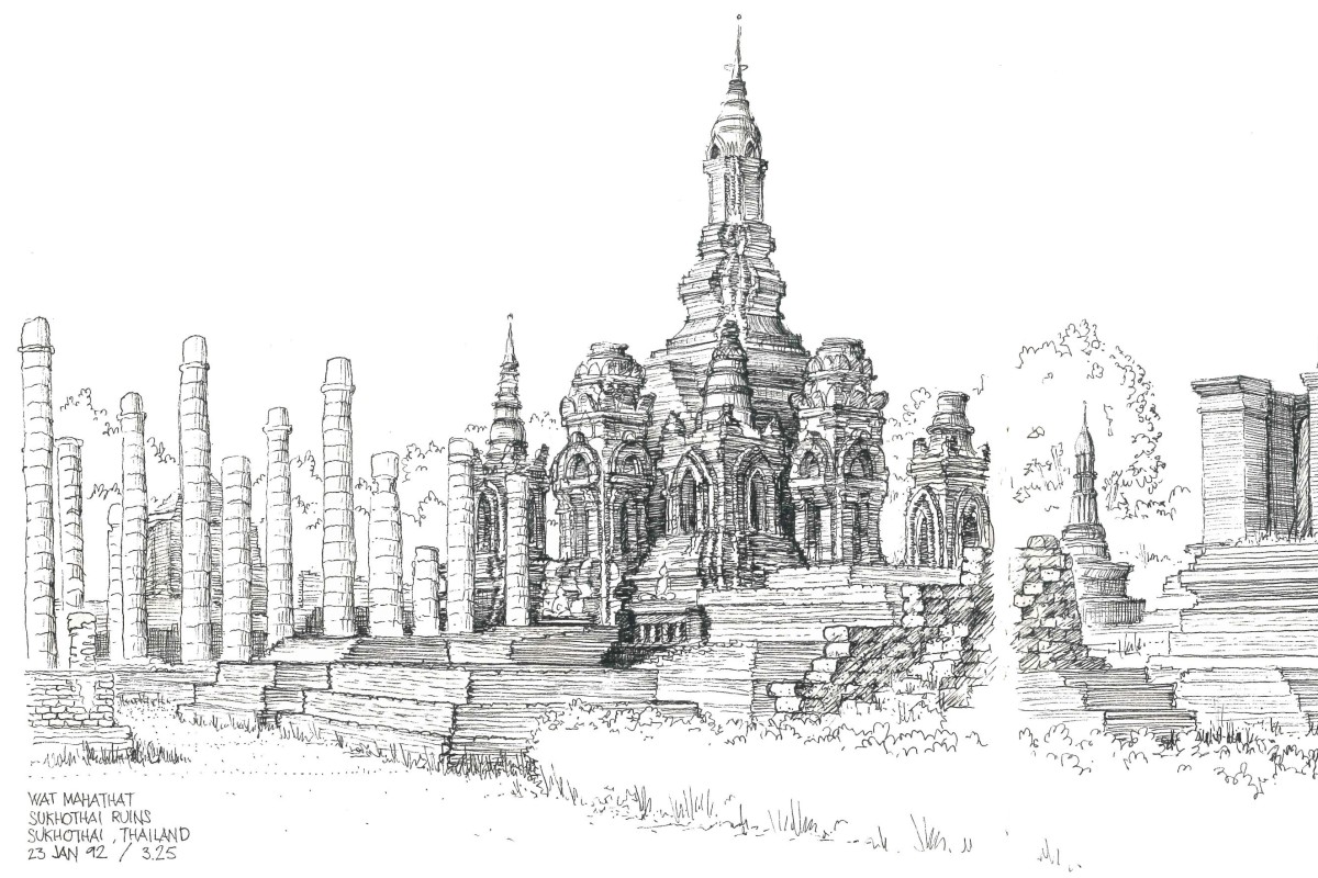 The Bumbling Traveller: Sketching the World, by Tom Schmidt, includes an illustration of the Sukhothai ruins in Thailand, accompanied by the caption “Sometimes a place is so awe-inspiring that more than one sketchbook page is required to capture its grandeur.” Photo: courtesy of Tom Schmidt