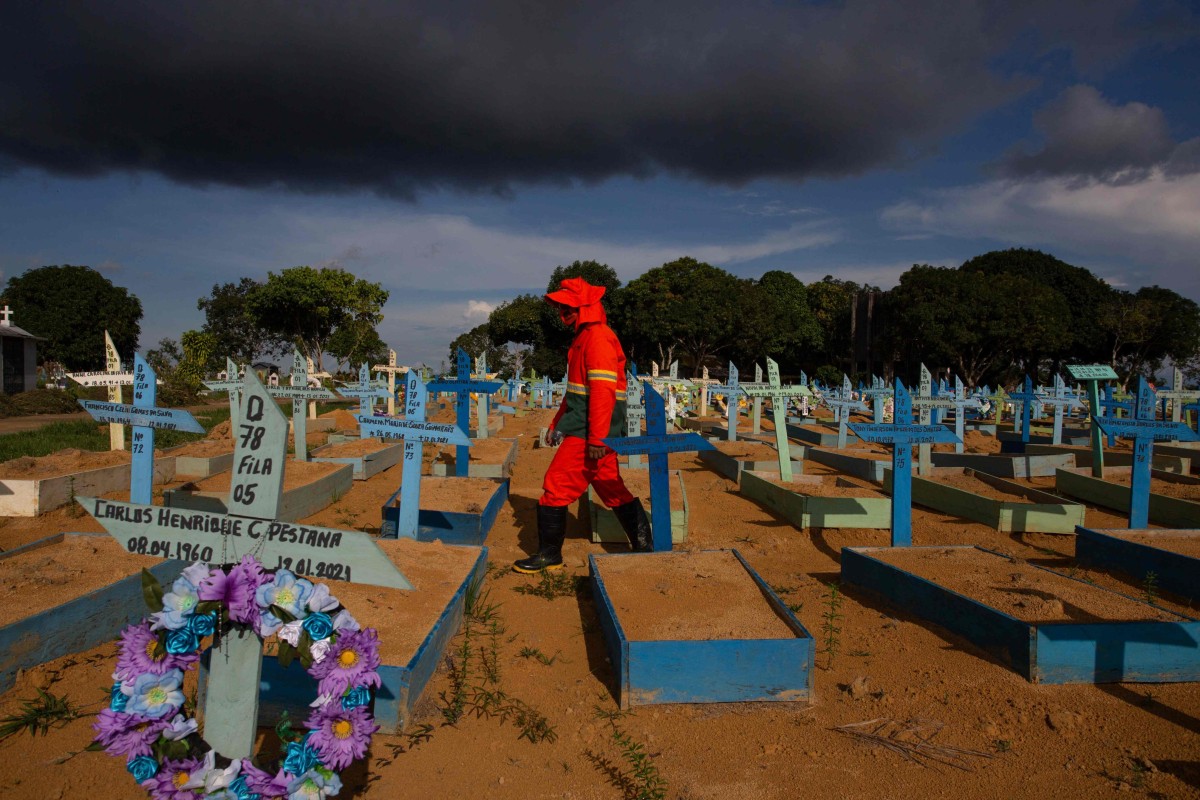 A gravedigger walks among the graves of Covid-19 victims at the Nossa Senhora Aparecida cemetery in Brazil on April 29. The Americas make up nearly half the global pandemic death toll. Photo: AFP