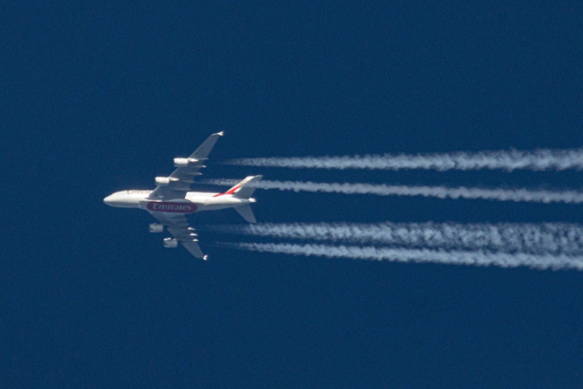 An Emirates Airbus A380 aircraft flies over the Netherlands. Photo: Getty Images
