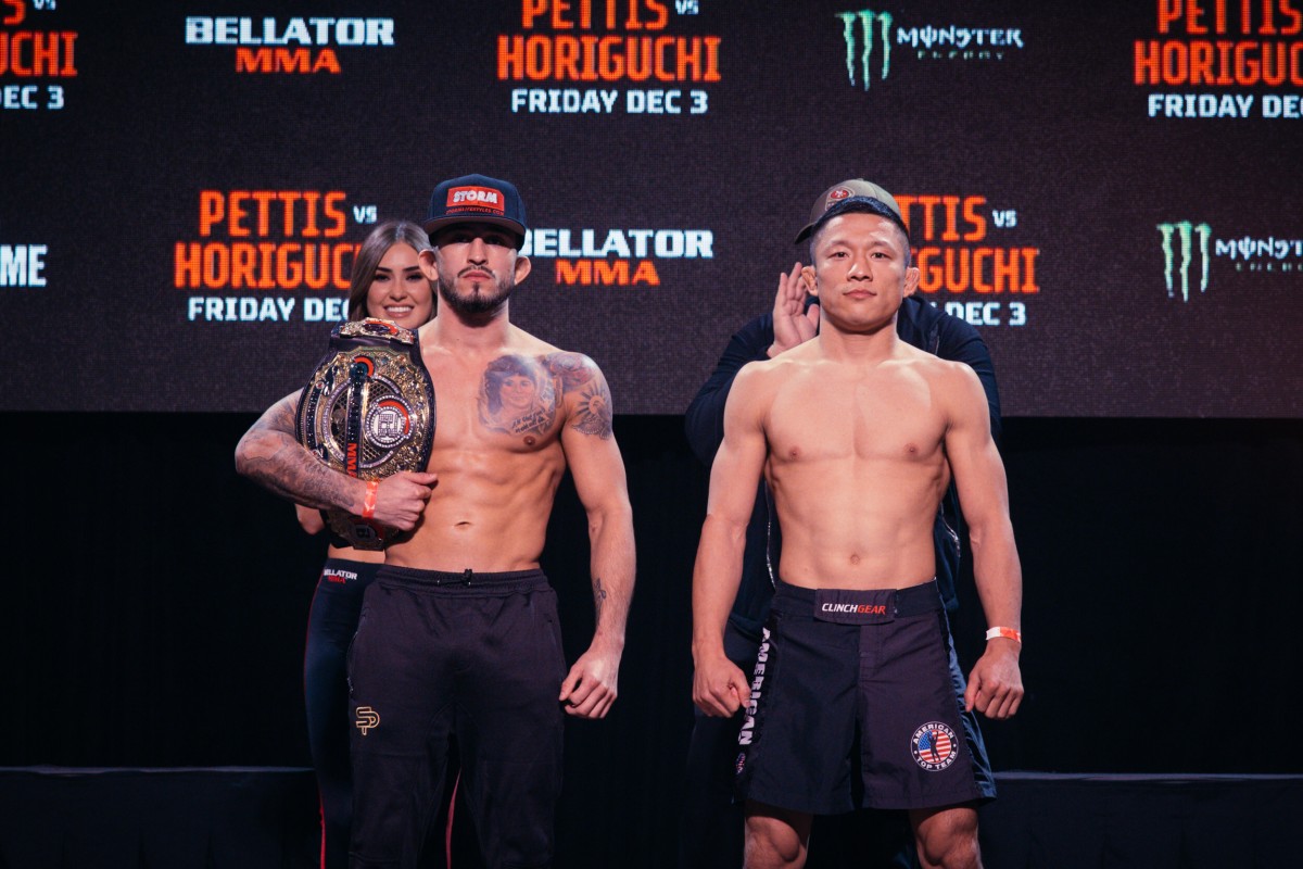 Sergio Pettis (left) and Kyoji Horiguchi pose before their bantamweight title fight at Bellator 272. Photo: Bellator MMA