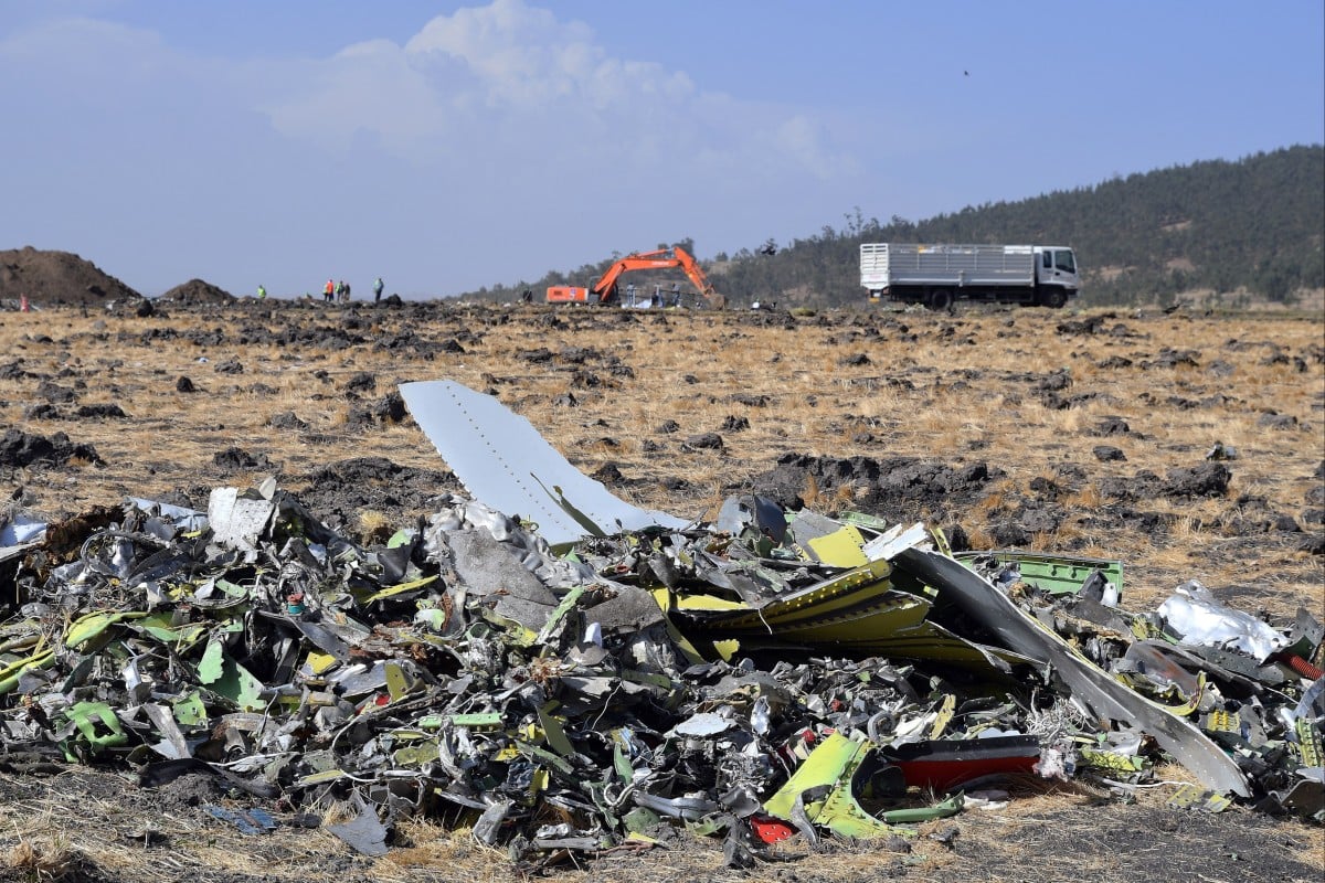 Pieces of the wreckage of an Ethiopia Airlines Boeing 737 Max 8 aircraft near Bishoftu, Ethiopia, March 13, 2019. Journalist Peter Robison marks the fall of Boeing in his book, Flying Blind. Photo: EPA