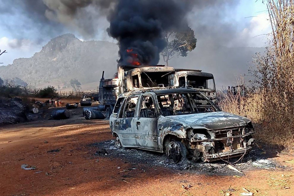 Burnt vehicles smoulder in Hpruso township on December 25. Photo: Karenni Nationalities Defence Force via AFP