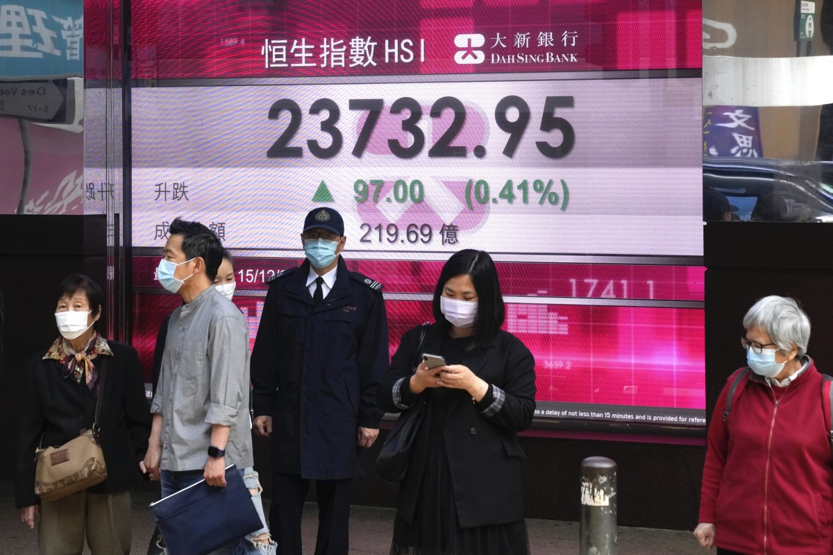 People stand in front of a bank’s electronic board showing the Hong Kong share index. Photo: AP