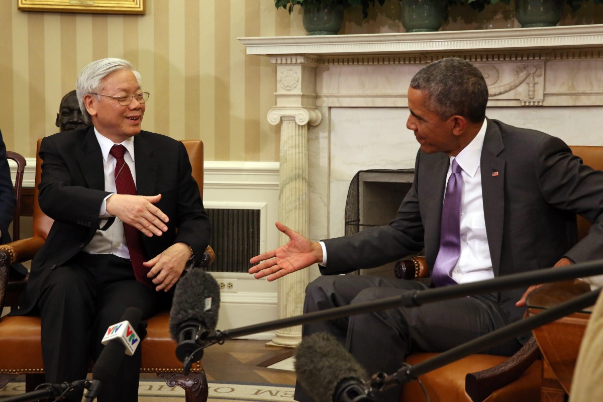 General Secretary of the Communist Party of Vietnam Nguyen Phu Trong with US President Barack Obama. Vietnamese officials are said to be irritated by Osius’ description of Trong’s 2015 trip. Photo: EPA