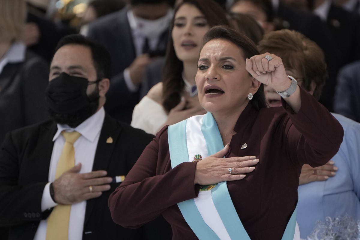 Xiomara Castro is sworn-in as Honduras’ first woman president at the National Stadium in Tegucigalpa on Thursday. Photo: AP