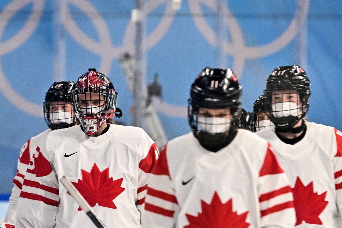 Canada’s players during their women’s ice hockey match against Russia at the Beijing 2022 Winter Olympics. Photo: AFP