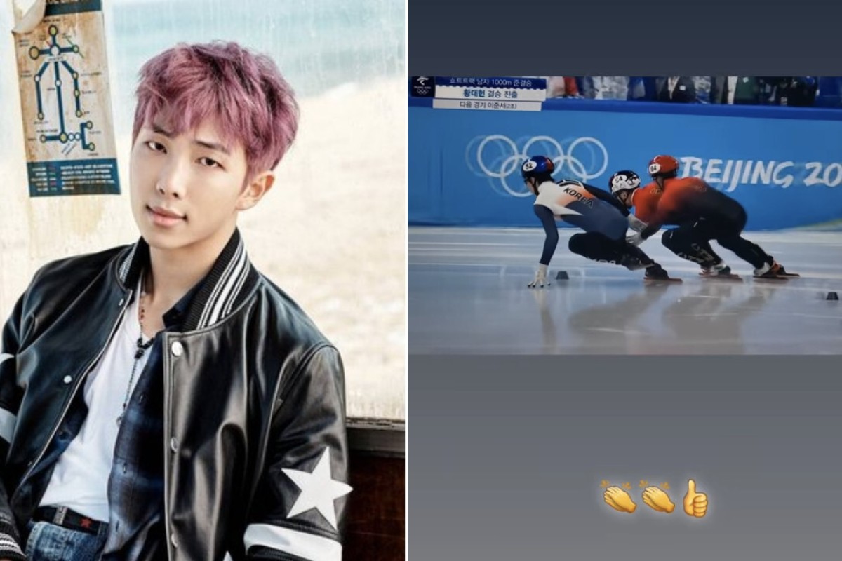 BTS leader RM (left) is being hounded by Chinese netizens after an Instagram story post showing support for South Korea short track speed skater Hwang Dae-heon. Photo: Big Hit Entertainment via Instagram/@rkive