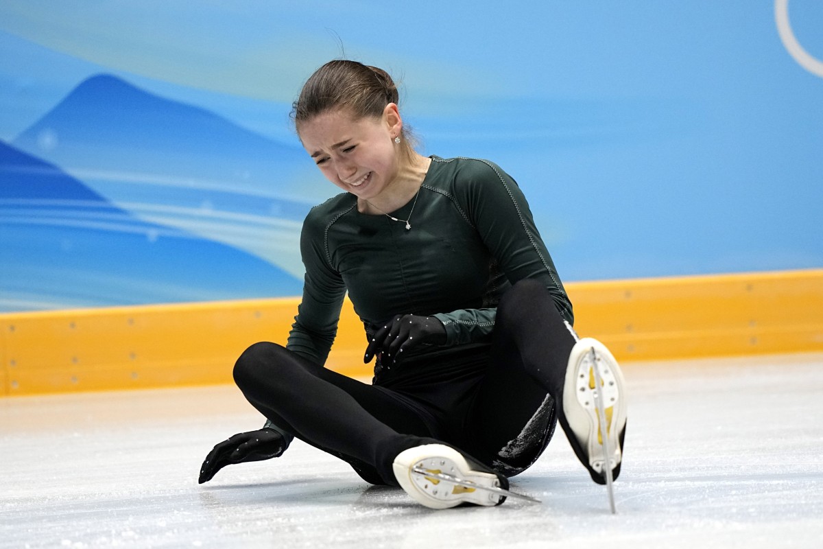 Russia’s Kamila Valieva cries after a fall during a training session on Sunday in Beijing. Photo: AP