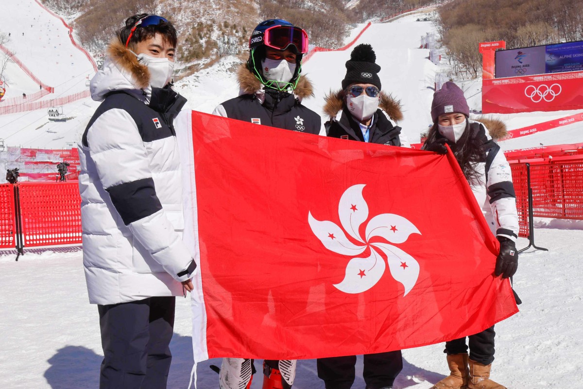 (From left) Hong Kong Winter Olympians Sidney Chu, Adrian Yung Hau-tsuen, chef de mission Karl Kwok Chi-leung and Audrey King at the Beijing Winter Olympic Games at the Yanqing National Alpine Skiing Centre. Photo: HKSF&OC   
