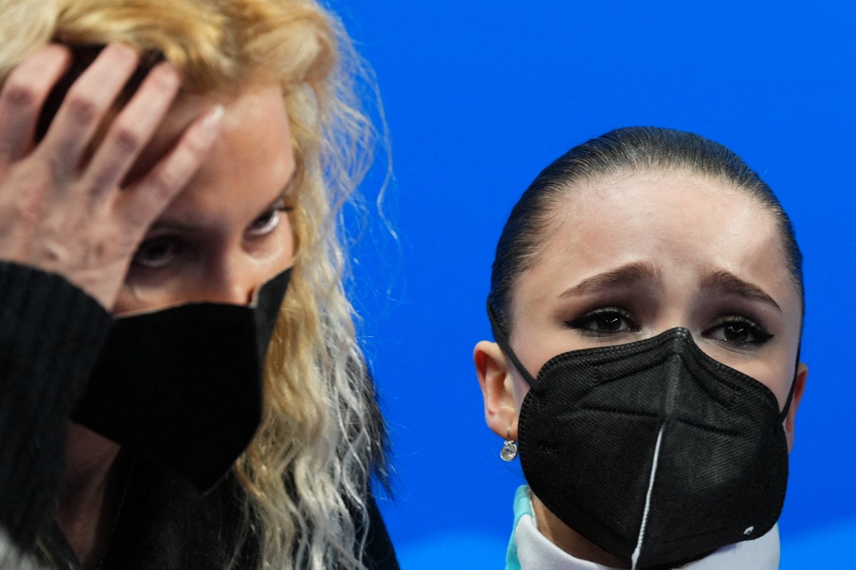 Kamila Valieva (right) of the Russian Olympic Committee with figure skating coach Eteri Tutberidze at the Beijing Winter Olympic Games at the Capital Indoor Stadium. Photo: Reuters   