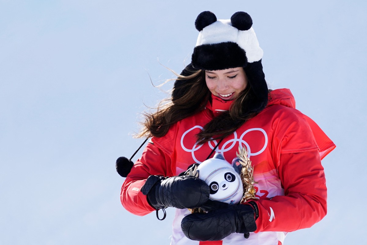 Eileen Gu reacts after winning gold in the freestyle skiing women’s half-pipe final at the Beijing 2022 Winter Olympics. Photo: USA TODAY Sports
