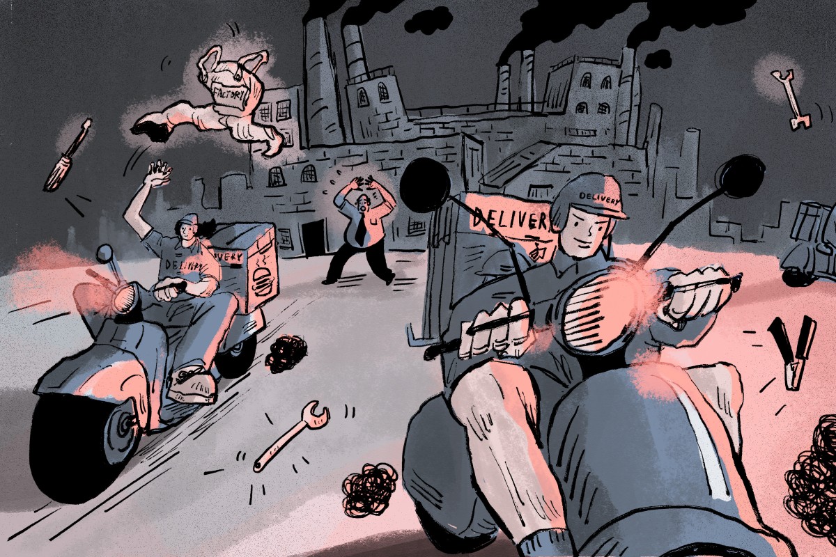 Many of China’s young migrant workers – long the backbone of its manufacturing industry – are seeking alternatives to factory jobs. Illustration: Brian Wang