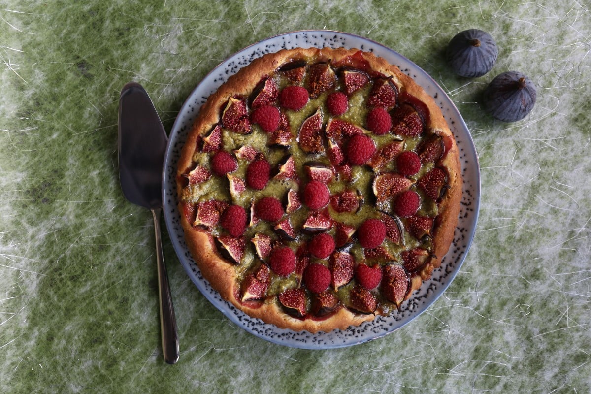 How to make fig and raspberry tart with pistachio frangipane and brioche crust: silky smooth and rich. Photo: Jonathan Wong