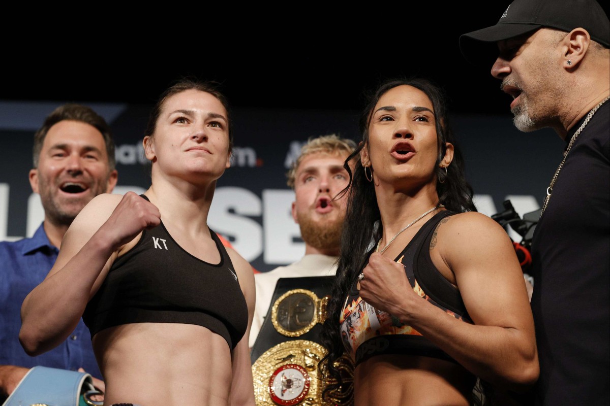 Katie Taylor of Ireland (left) and Amanda Serrano of Puerto Rico face off during the weigh-in leading up to their world lightweight title fight at Madison Square Garden. Photo: AFP