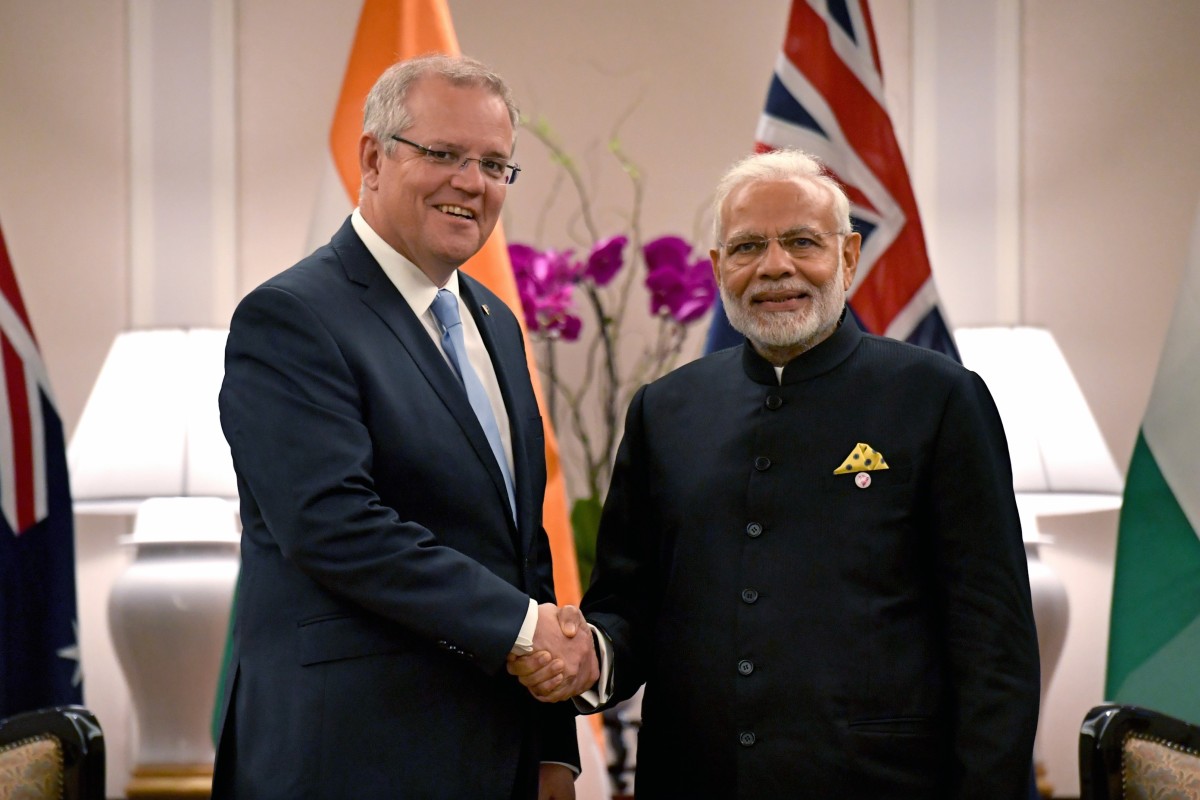 Australia’s Prime Minister Scott Morrison (L) and India’s Prime Minister Narendra Modi meet for a bilateral meeting during the 2018 ASEAN Summit in Singapore in November 2018. Photo: EPA-EFE
