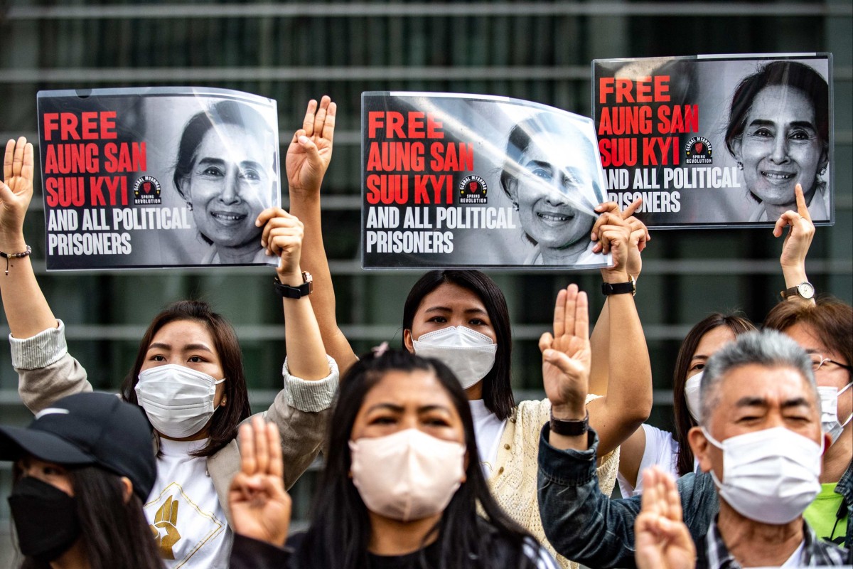 Myanmar activists in Tokyo call for the release of ousted leader Aung San Suu Kyi ahead of US President Joe Biden’s visit to Japan. Photo: AFP 