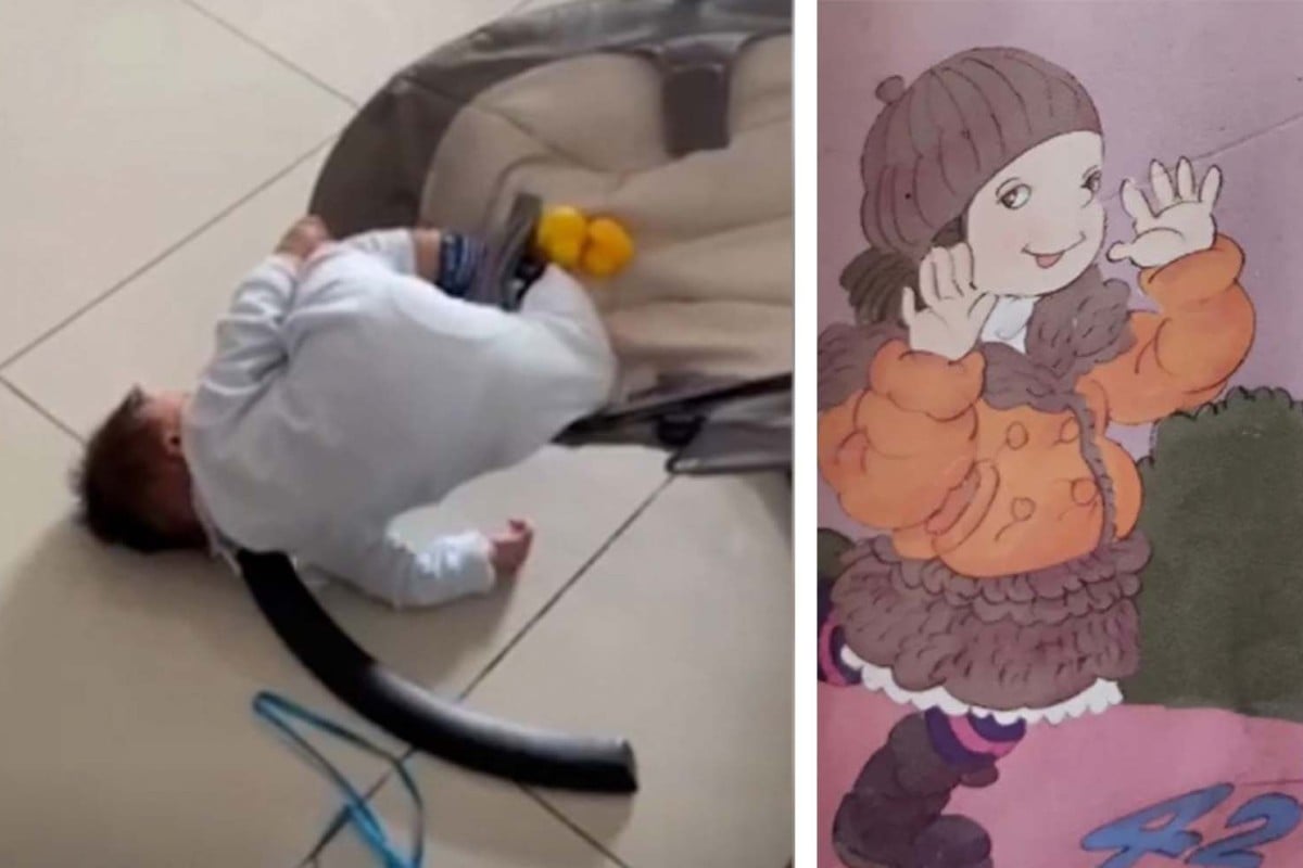 A baby went viral in China for hanging out upside down (left) and textbooks in China were deemed ugly (right). Photo: SCMP composite
