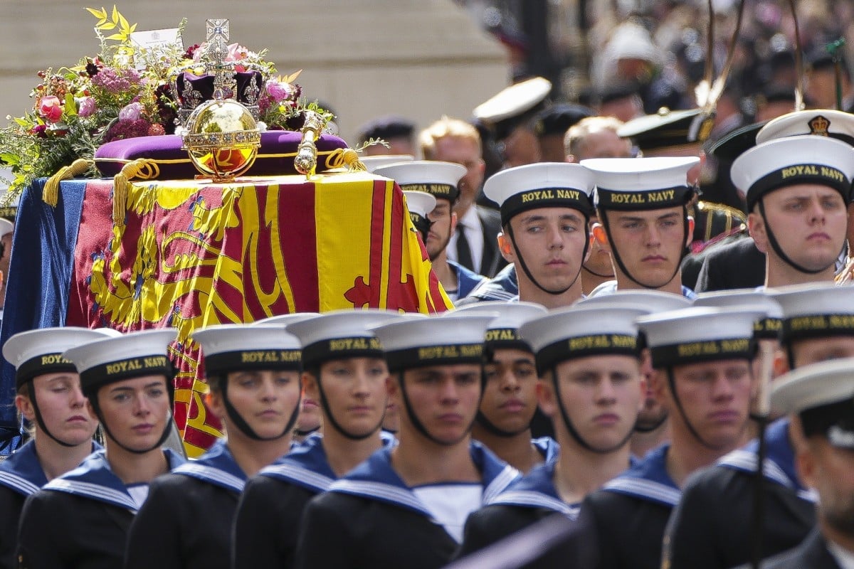 The coffin of Queen Elizabeth is pulled on a gun carriage through the streets of London following her funeral service at Westminster Abbey. Photo: AP