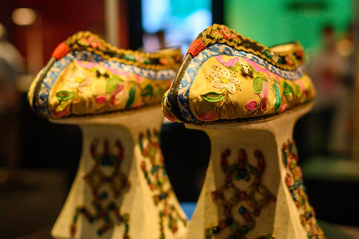 A pair of Chinese platform shoes dating from the Guangxu period (1875-1908) on display at the Hong Kong Palace Museum in the West Kowloon Cultural District.