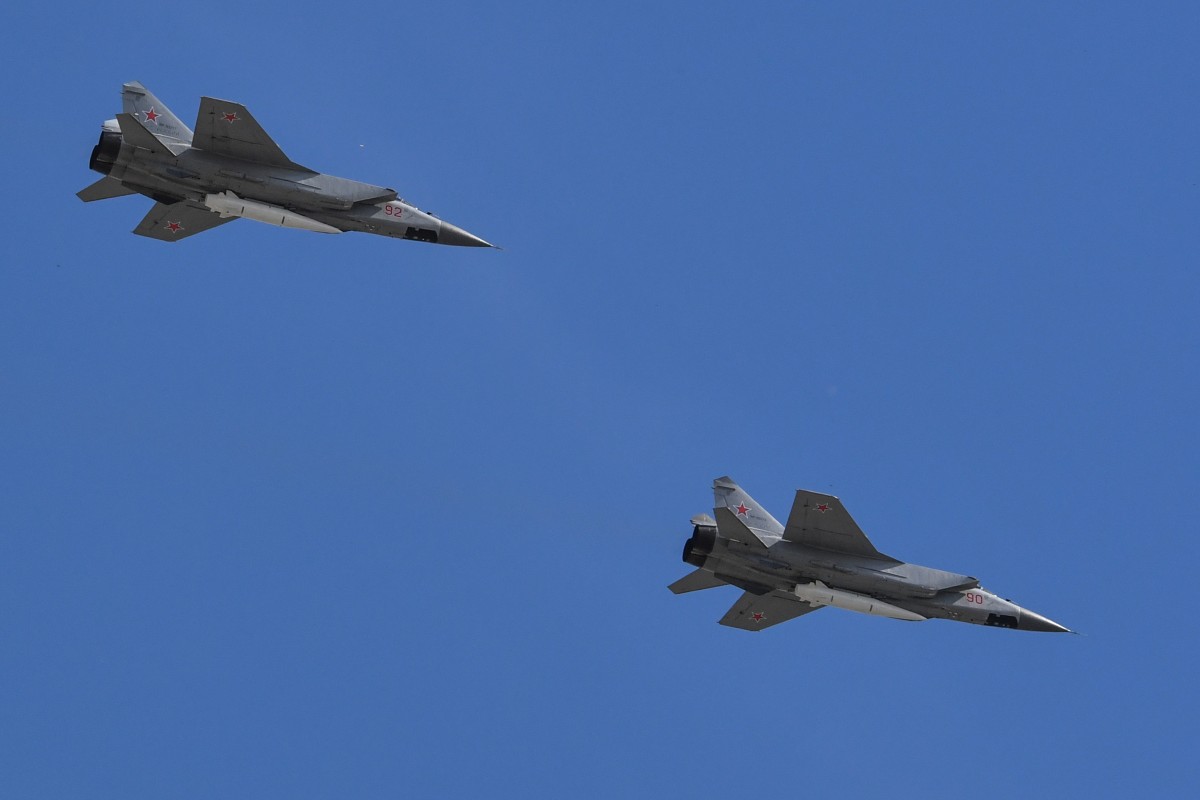 Russia’s MiG-31 supersonic interceptor jets, carrying hypersonic Kinzhal (Dagger) missiles. File photo: AFP