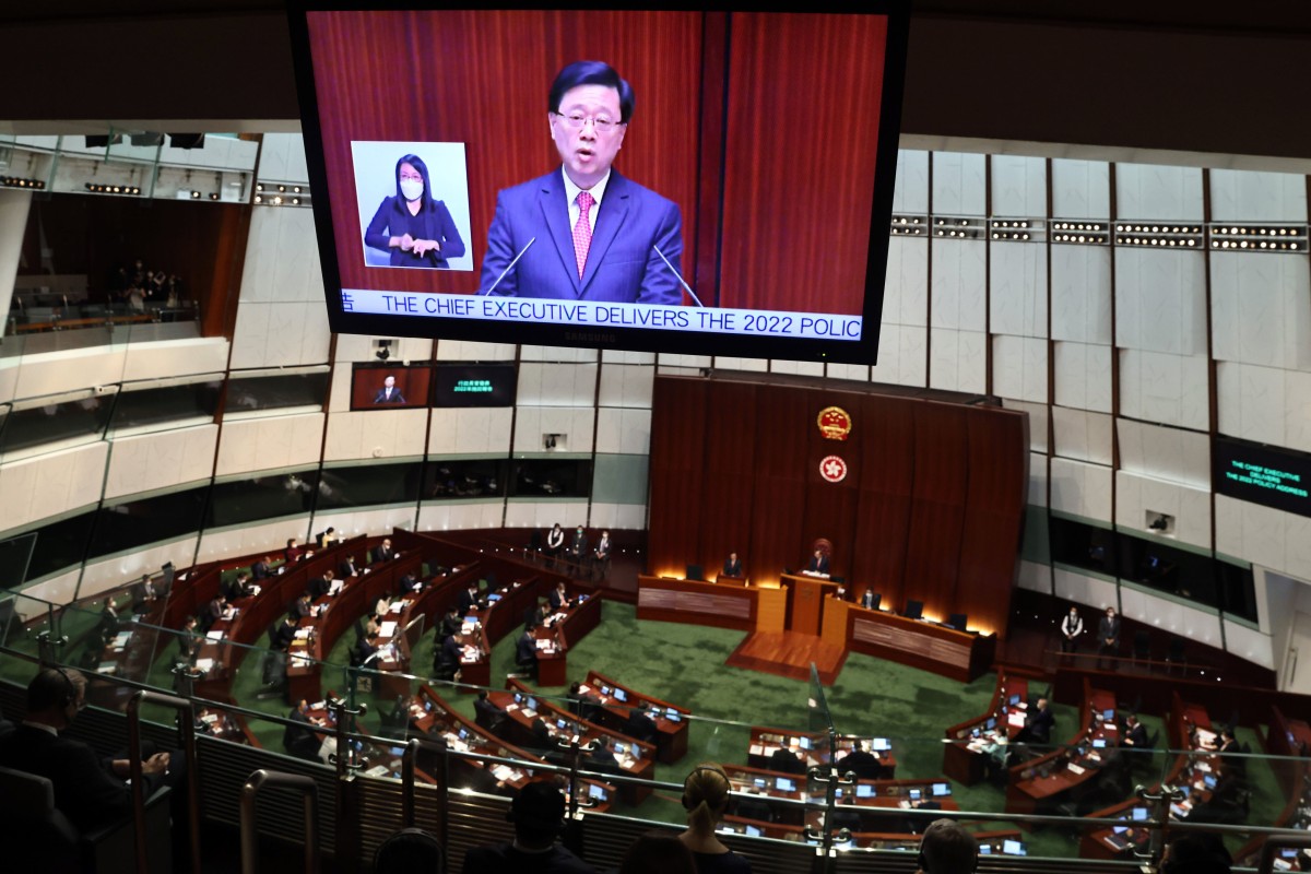 Chief Executive John Lee delivers his speech in Legco. Photo: K. Y. Cheng