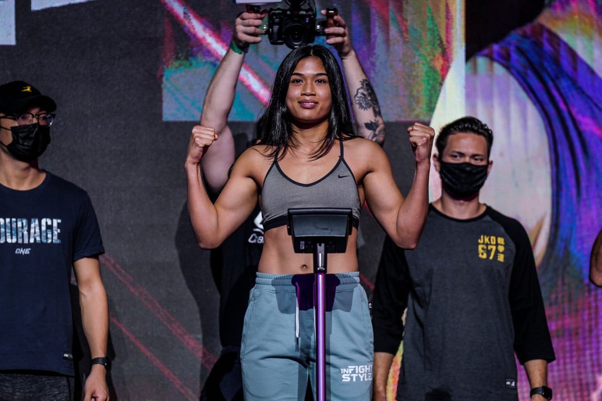 Jackie Buntan at the ceremonial weigh-ins for ONE 156 in Singapore.