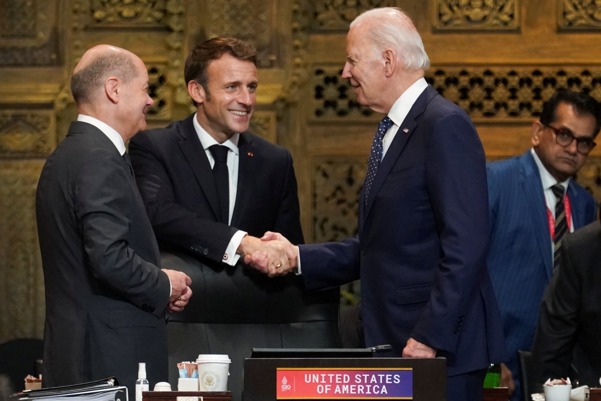 German Chancellor Olaf Scholz (left) and French President Emmanuel Macron (centre) greet US President Joe Biden during the first working session of the Group of 20 leaders’ summit in Bali, Indonesia, on November 15, 2022. Macron has been a proponent of greater European strategic independence from the United States. Photo: Reuters
