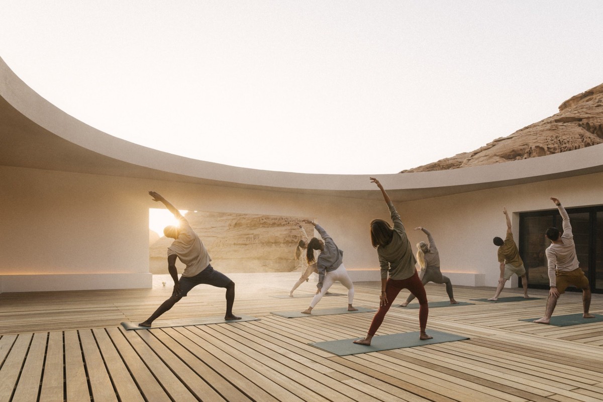 Yoga among the rocks of Al-‘Ula at Habitas’s Thuraya Wellness Spa. Photo: Handout
