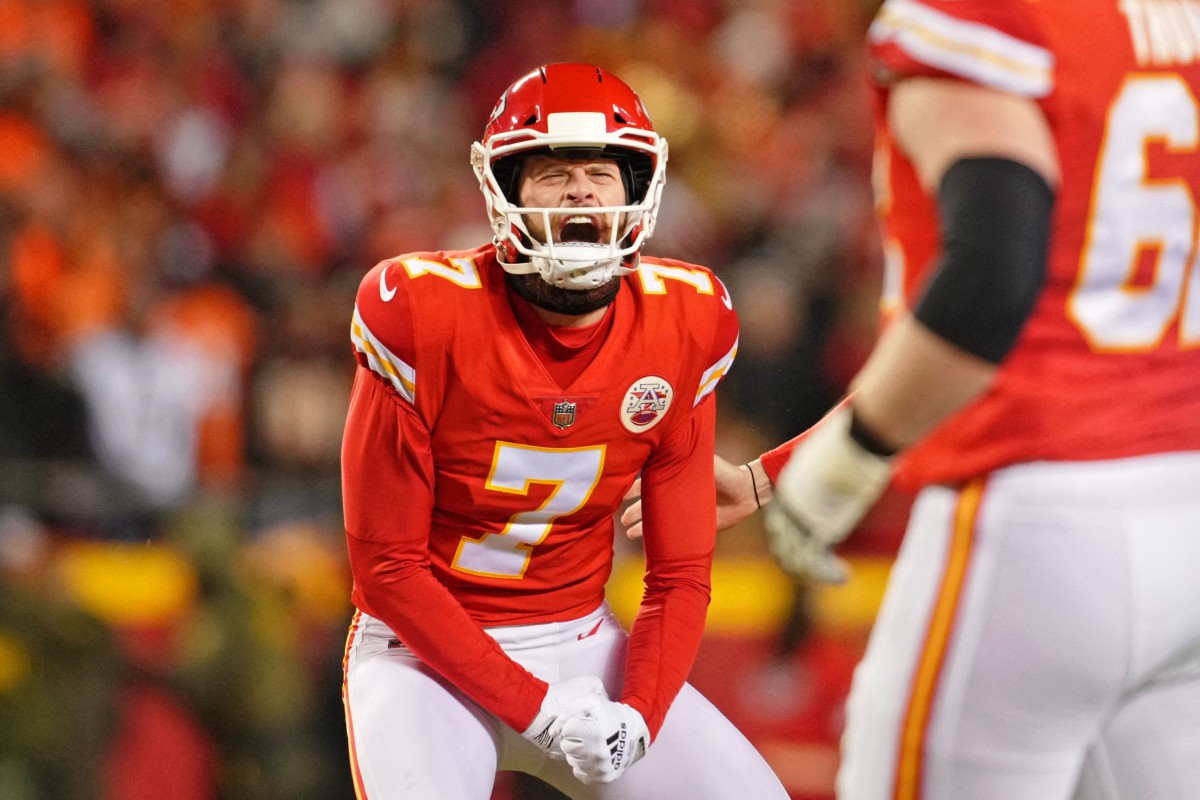 Kansas City Chiefs place kicker Harrison Butker celebrates after making a game-winning field goal against the Cincinnati Bengals during the fourth quarter of the AFC Championship game at GEHA Field at Arrowhead Stadium. Photo: USA TODAY Sports