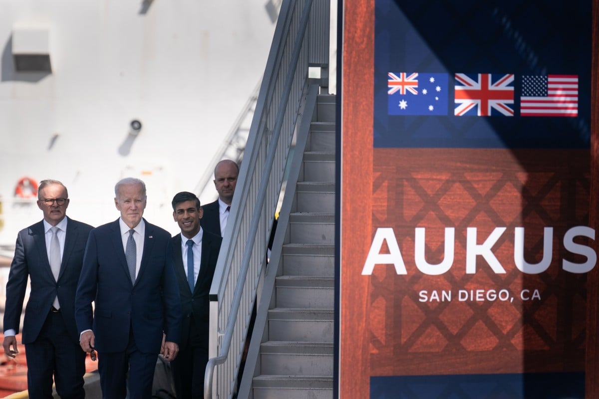From left: Australia’s Prime Minister Anthony Albanese, US President Joe Biden, and UK’s Prime Minister Rishi Sunak leave after a joint press conference following their meeting at Point Loma naval base, to discuss the procurement of nuclear-powered submarines under a pact between the three nations as part of Aukus. Photo: dpa