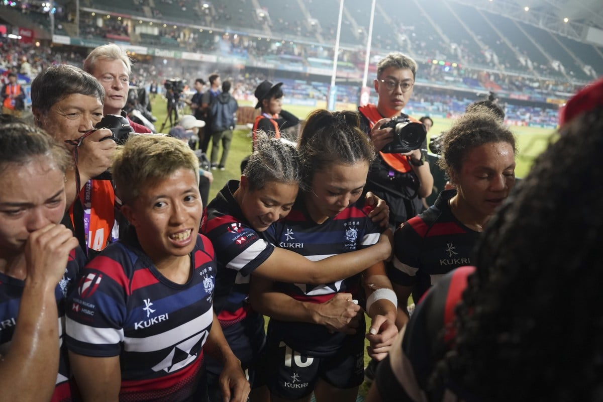 Hong Kong’s women’s team members react after their loss to Brazil at the 2023 Hong Kong Sevens. Photo: Elson Li
