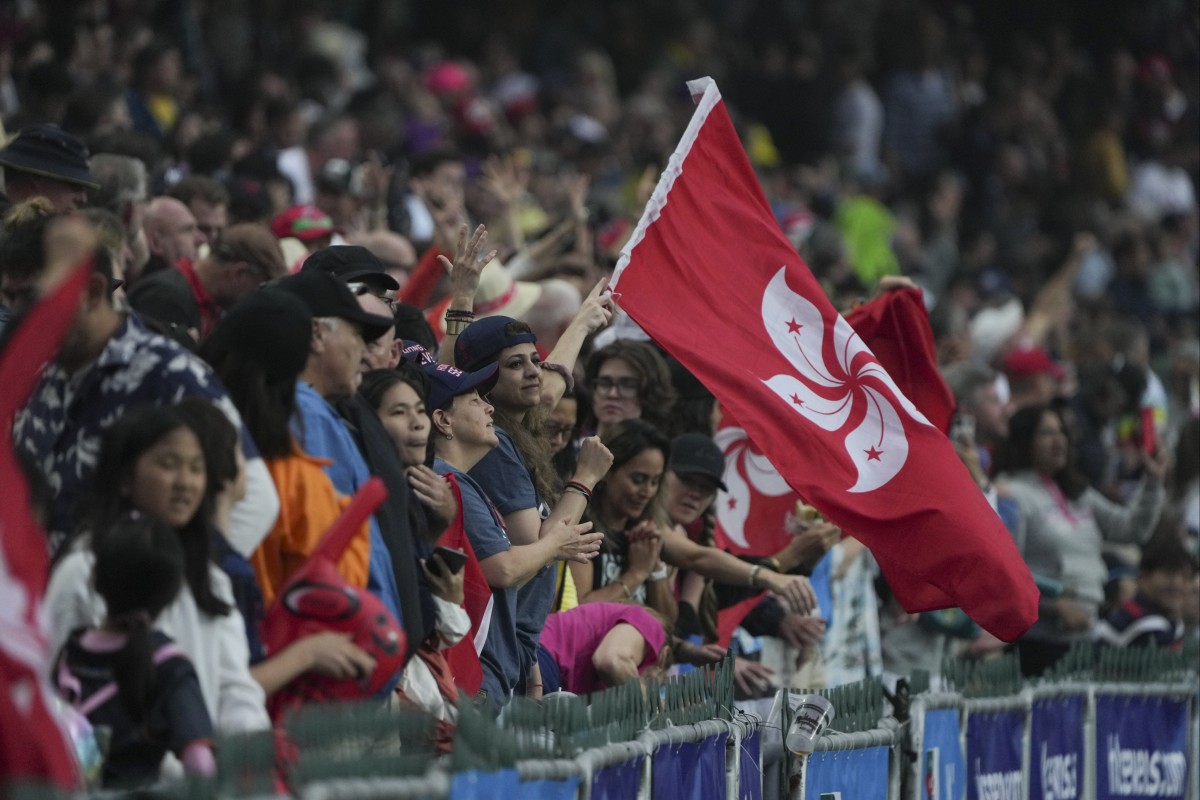 Hong Kong fans celebrate winning the Shield against Canada at the 2023 Hong Kong Sevens. Photo: Elson Li