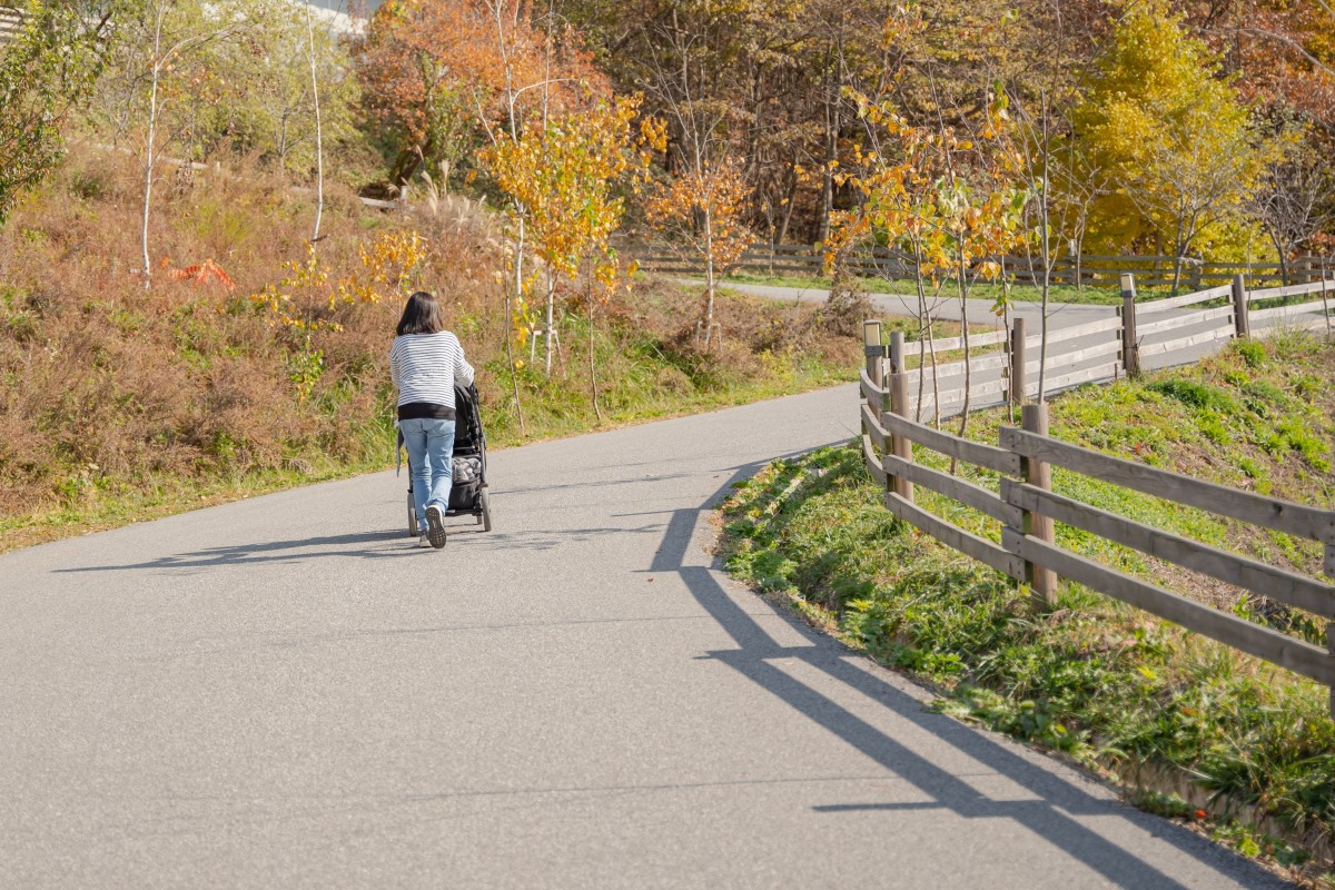 A woman pushes a baby pram in Gangwon Province, South Korea. Photo: Shutterstock 