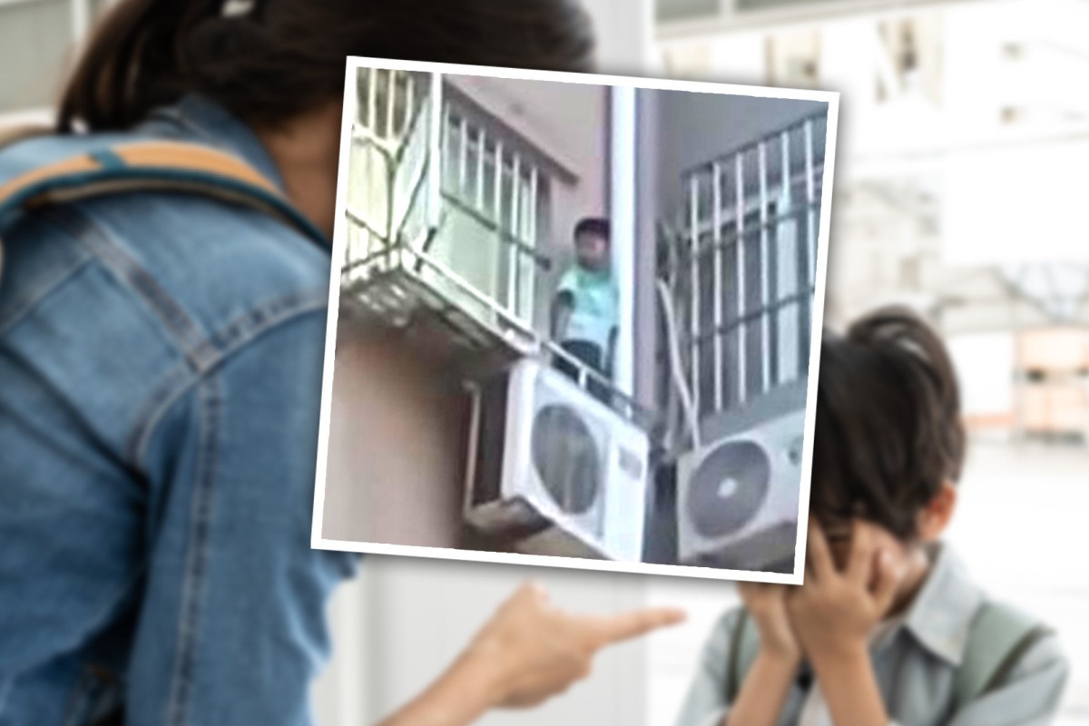 A viral video of a young boy in China leaping from the fifth floor of a block of flats to escape his mother who is hitting him with a stick has shocked mainland social media and raised questions about the country’s child protection laws. Photo: SCMP composite/Douyin