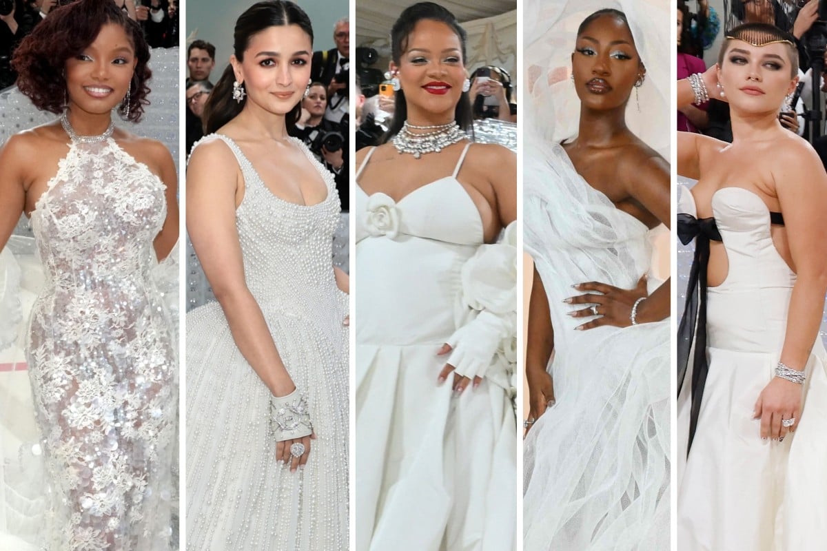 Halle Bailey, Alia Bhatt, Rihanna, Tems and Florence Pugh have all gone for the bridal look on the red carpet this year. Photo: Getty Images