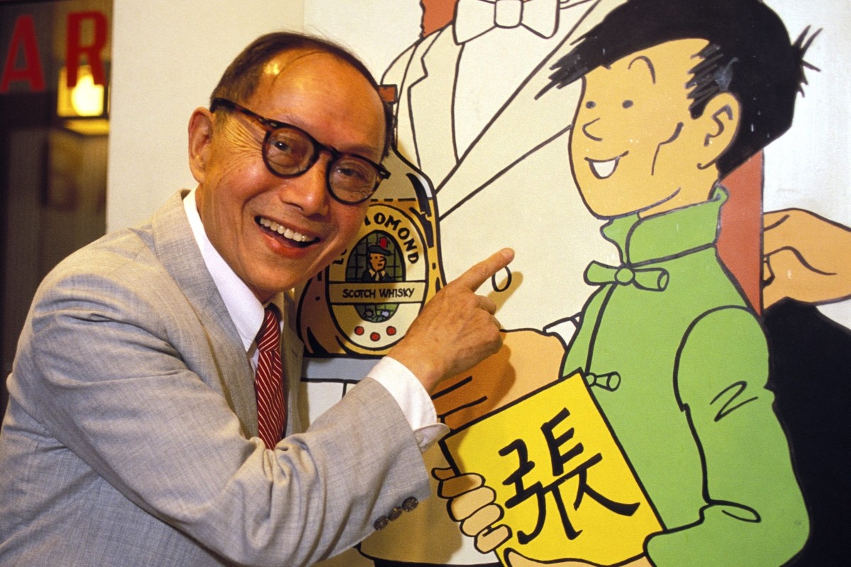 Zhang Chongren points to a poster of Chang Chong-chen, a character in Tintin book The Blue Lotus based on him, in Paris in 1985. The leading Chinese artist and Georges Remi, known as Hergé and author of the books, became firm friends after meeting in the 1930s. Photo: Getty Images