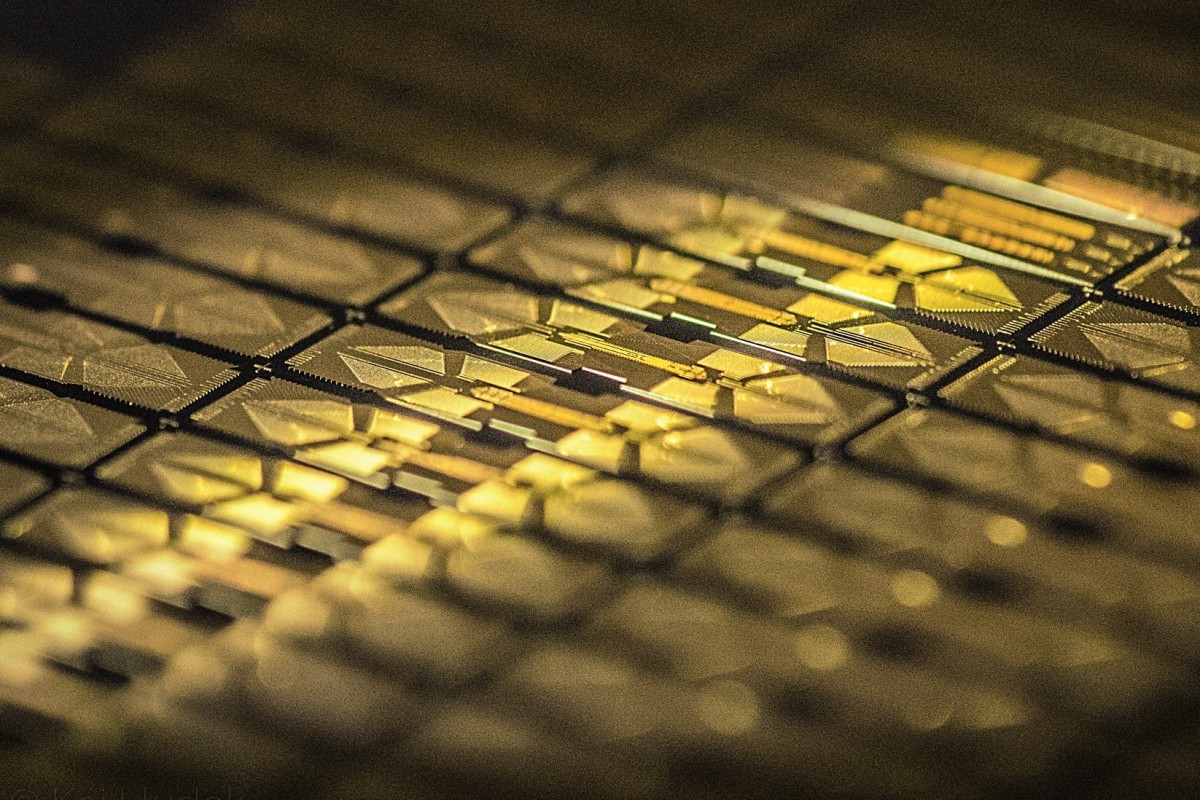 A test wafer used in the ion trap manufacturing process of IonQ, whose mission it is to build “the world’s best” quantum computers. Photo: Kai Hudek/IonQ